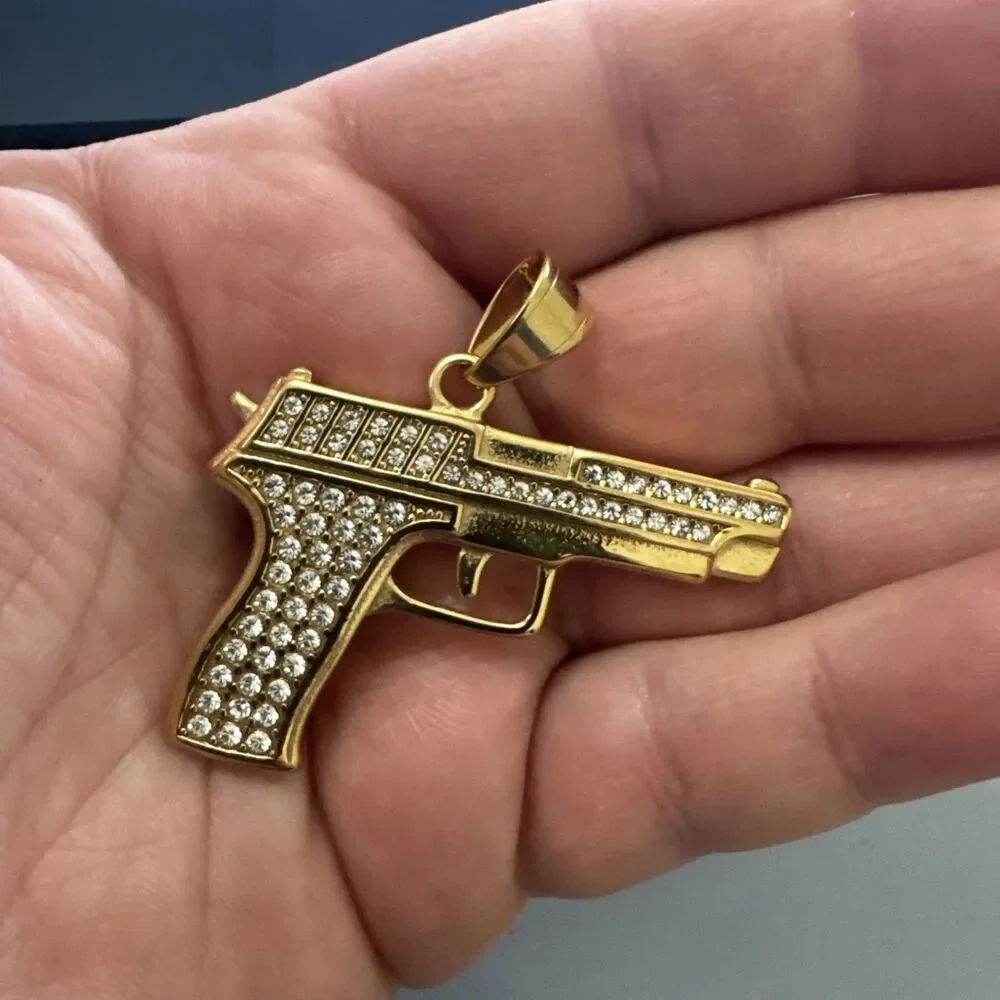 Stainless Steel Pendant Gun Glock Hip Hop Cubic Zirconia 24” Chain Gold Plated